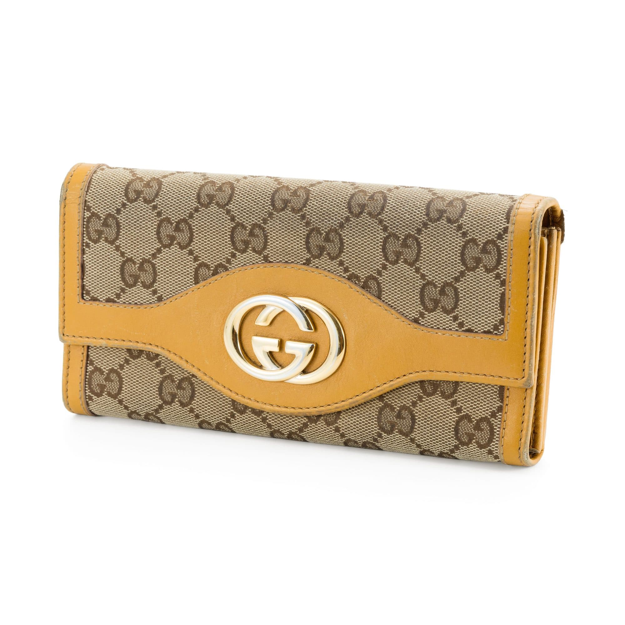 Authentic Gucci Vintage GG Canvas Interlocking G Continental Flap Wallet Yellow
